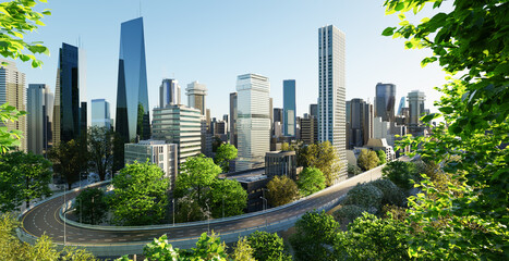 Virtual design green cityscape skyline with curvy highway road