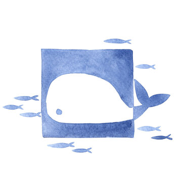 Whale and school of fish rectangle banner watercolor for decoration on sea, marine life and summer holiday concept.