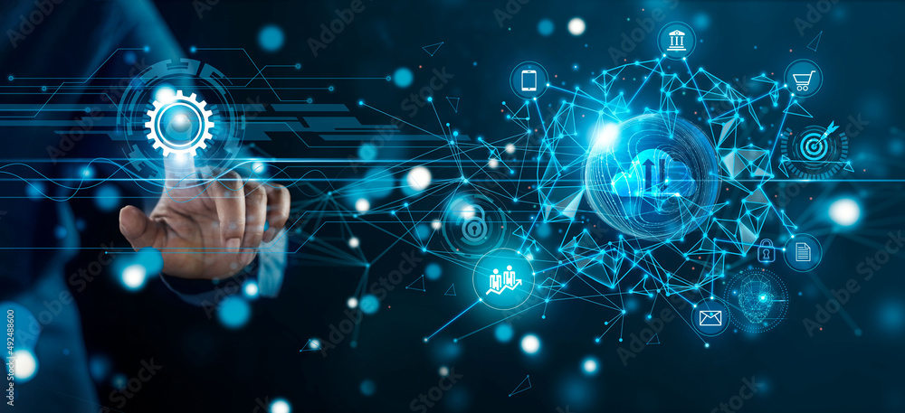 Poster Businessman connect to global network and create a new approach to investment project and develop technology to improve business service. Communication networking and worldwide connection technology.