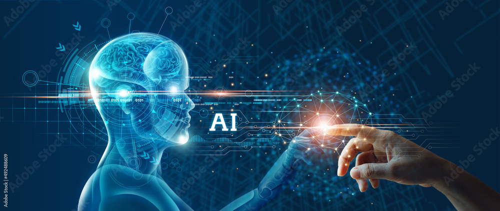 Aufkleber Connecting human data to mindset of Artificial intelligence AI, Digital data and machine learning technology and computer brain. Robot technology development for futuristic.