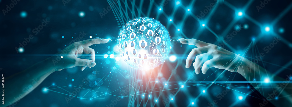 Leinwandbilder Hands touching network of global digital connections and data exchanges with technology. Innovation and futuristic social.