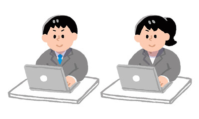 パソコン操作するスーツ男性女性