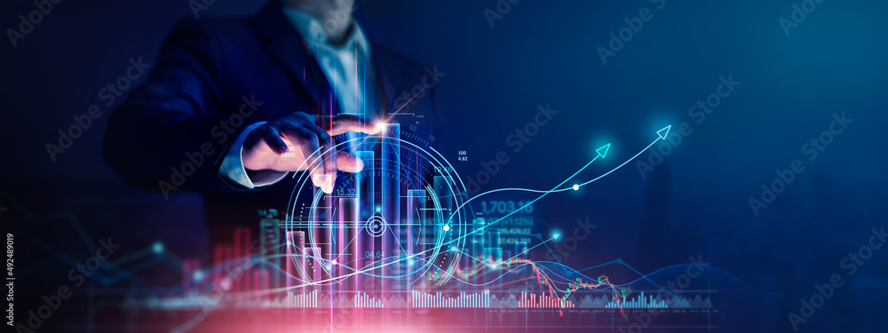 Aufkleber businessman touch growth graph and progress of business and analyzing financial and investment data 