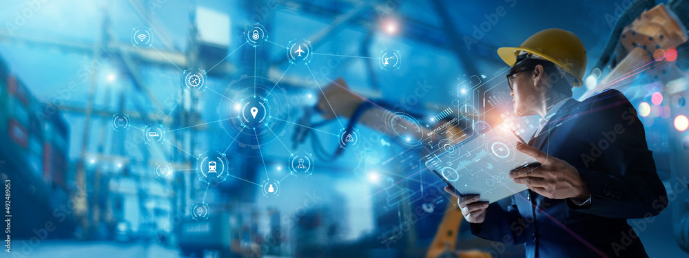 Poster Businessman holding virtual interface panel of global logistics network distribution and transportation with robotics process automation, Smart logistics, Innovation future of transport.