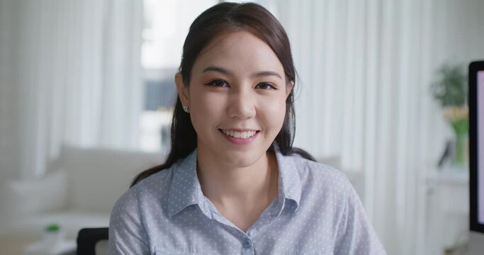 Reskill upskill workforce project asia woman people relax smile to camera remote work at home office. Young girl study MBA finance online class learn lesson SEO insight data analyst report training.