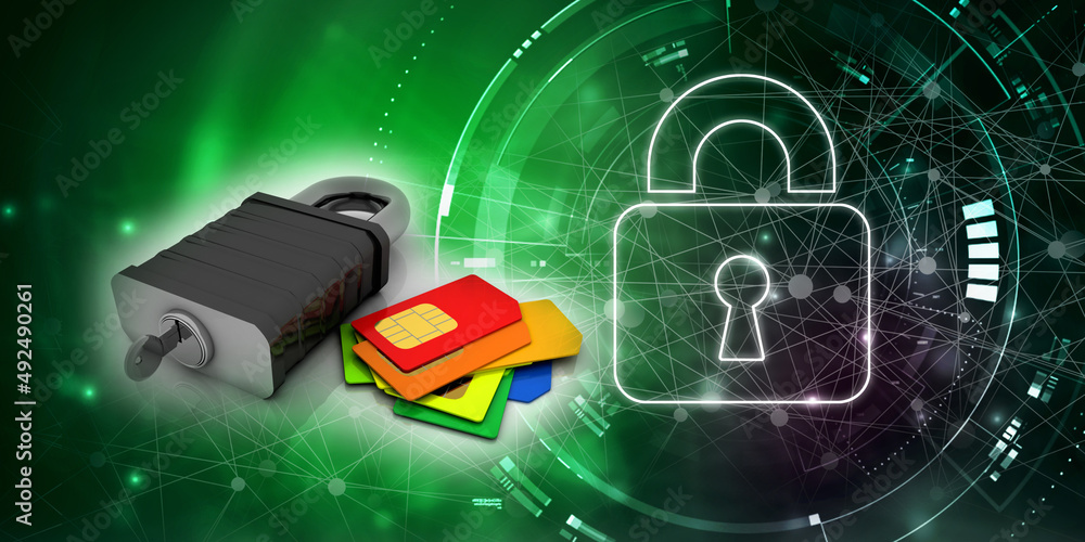 Poster 3d render sim card with padlock 3d render sim card with padlock