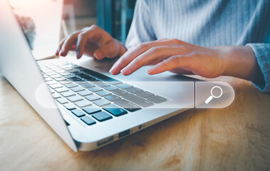 SEO Search engine optimization, Search technology, women's hands using a computer keyboard to search for information, using websites search bar to find the desired information or shopping online.