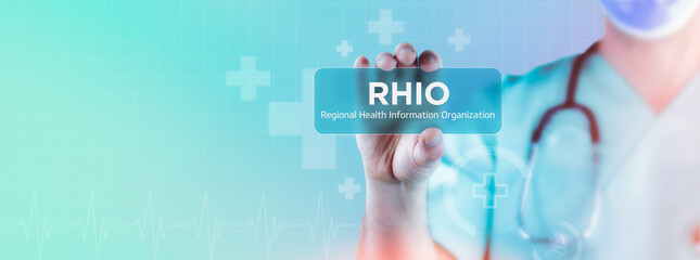 RHIO (Regional Health Information Organization). Doctor holds virtual card in his hand. Medicine digital