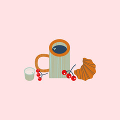 Stylish illustration, card, design, breakfast print. Coffee, berries, croissant, cream. Vector