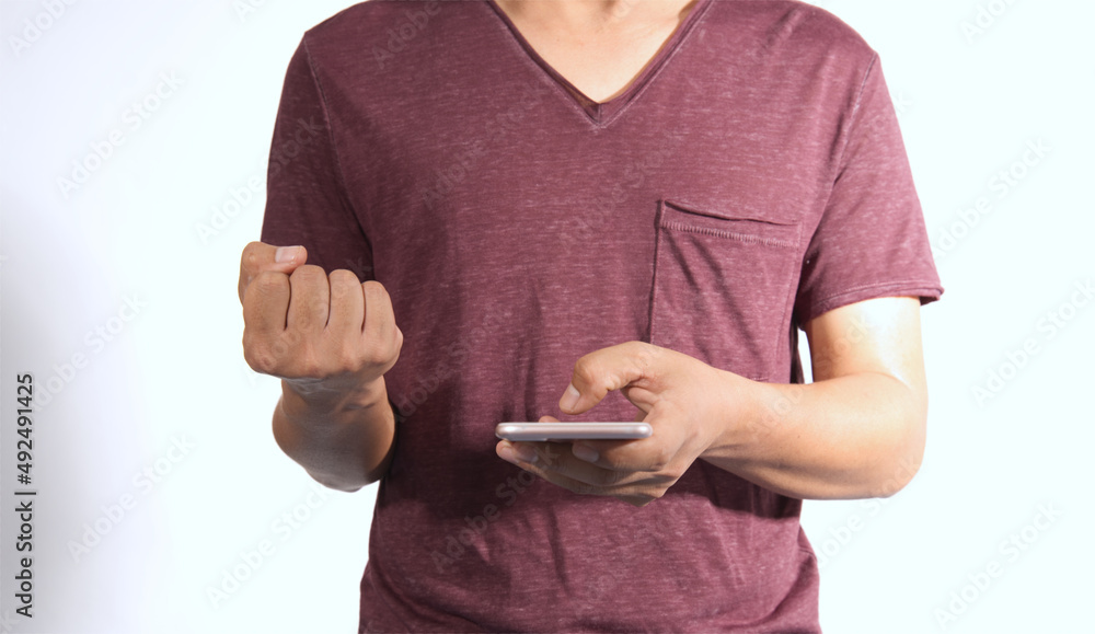 Poster a tall man standing happily using a smartphone on a white isolated background there is a copy space.