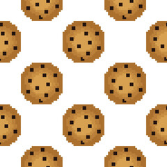 seamless pattern of cookies in pixel style on white background