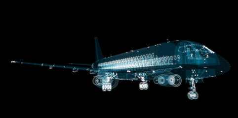 Fototapeta na wymiar Airliner consists of luminous lines. Transport and technology concept
