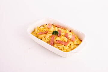Special menu. Macaroni super cheese on the white bowl.