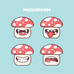 Mushrooms cartoon. natural plant or food vector illustration. with different mouth expressions