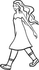 Cute girl with long hair is walking fast. Cartoon young woman sketch. Vector illustration.