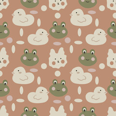 Cute frog Head an duck  seamless pattern, vector illustration background.Great for wrapping paper,fabric for kids and any print art.