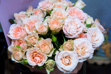 Bouquet of pink roses. Luxury flowers for a gift.