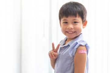Portrait of happy smile vaccinated little asian kid boy children ages 5 to 11 years old posing show...