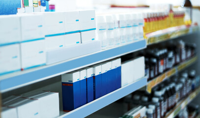Every brand to get you feeling better. Shot of shelves stocked with various medicinal products in a pharmacy.
