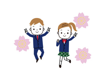 Vサインをして跳びはねる男女の学生と桜