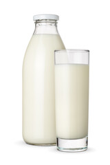 Classic milk bottle and glass isolated on a white background.
