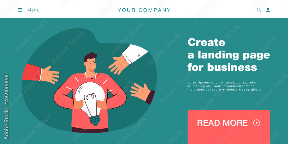 Poster hands stretching to tiny man with light bulb. colleagues trying to steal characters idea flat vector