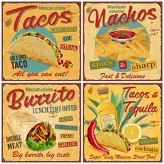 Rolgordijnen Mexican food vintage vector poster collection.Retro Tacos,Nachos,Burrito,Tequila metal sign. © ivgroznii7