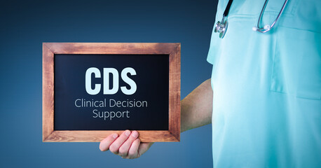 CDS (Clinical Decision Support). Doctor shows sign/board with wooden frame. Background blue