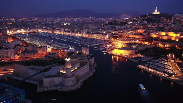 Aerial photo of Fort Saint-Jean and Old Port of Marseille, southern France.