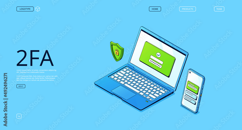 Poster 2fa, two-factor authentication banner. verification identity, registration and login with password a