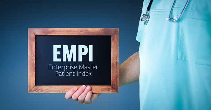 EMPI (Enterprise Master Patient Index). Doctor shows sign/board with wooden frame. Background blue