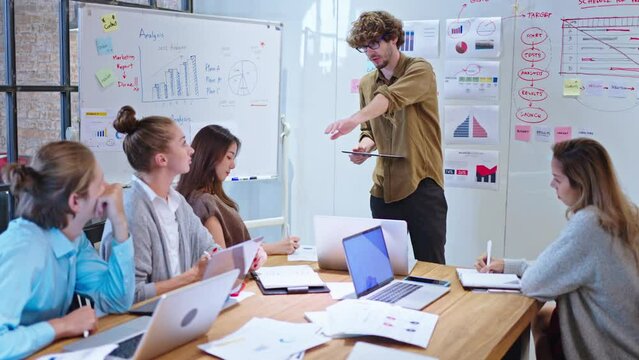 Group of creative Businesspeople brain storm meeting presentation,discussing roadmap to product launch, planning,strategy,dashboard,new business development,working with new startup project in office