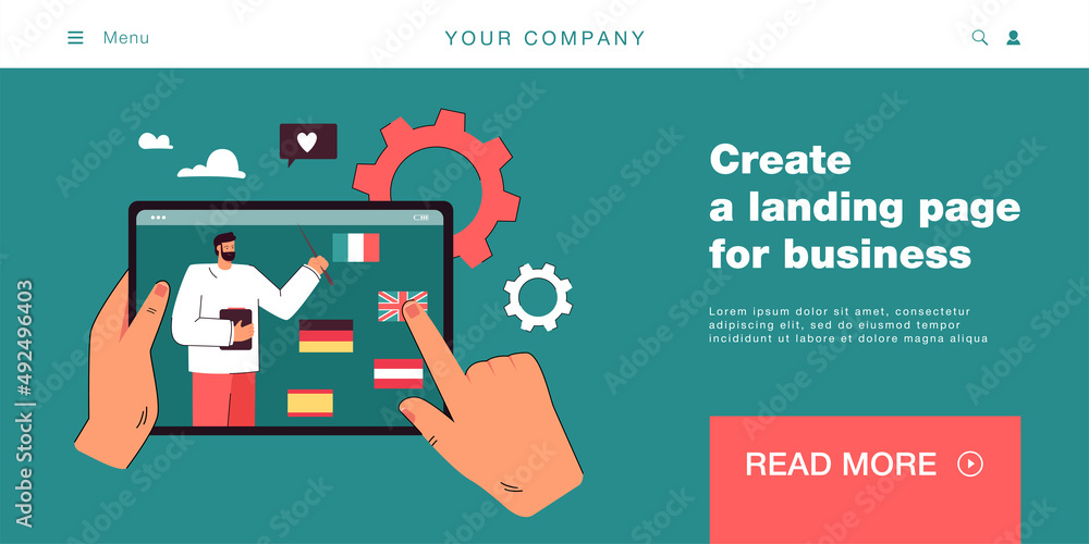 Poster hands holding tablet and choosing language. learning foreign languages flat vector illustration. onl