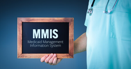 MMIS (Medicaid Management Information System). Doctor shows sign/board with wooden frame. Background blue © MQ-Illustrations