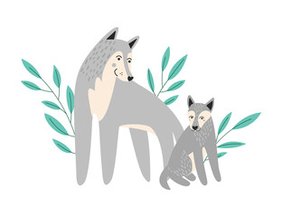 Vector flat illustration with cute wolves on a white background. Mother's Day greeting card