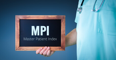 MPI (Master Patient Index). Doctor shows sign/board with wooden frame. Background blue