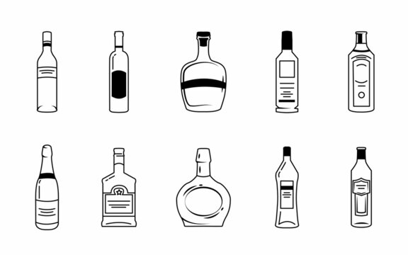 Alcohol drinks line icons. Outline bottles with beer, wine and bar cocktails. Pub menu symbols for alcoholic beverage vector set. Vector isolated bottles of vodka, whiskey and wine, elite cognac