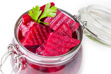 Sliced red beets in a jar - preparation of fermented. Pickled beetroot