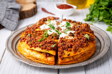 Turkish Food Kayseri Yaglama with Minced Meat, Yogurt and Tomato Paste