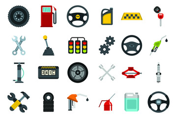 Gas station flat color icons set with canister tanker gun, pump isolated vector