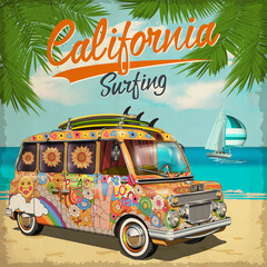 California Surf poster with retro bus.