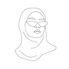 Linear arab woman in hijab. Contemporary minimalist female portrait in sunglasses. Hand drawn outline female silhouette. Vector illustration in one line style. Beauty logo.