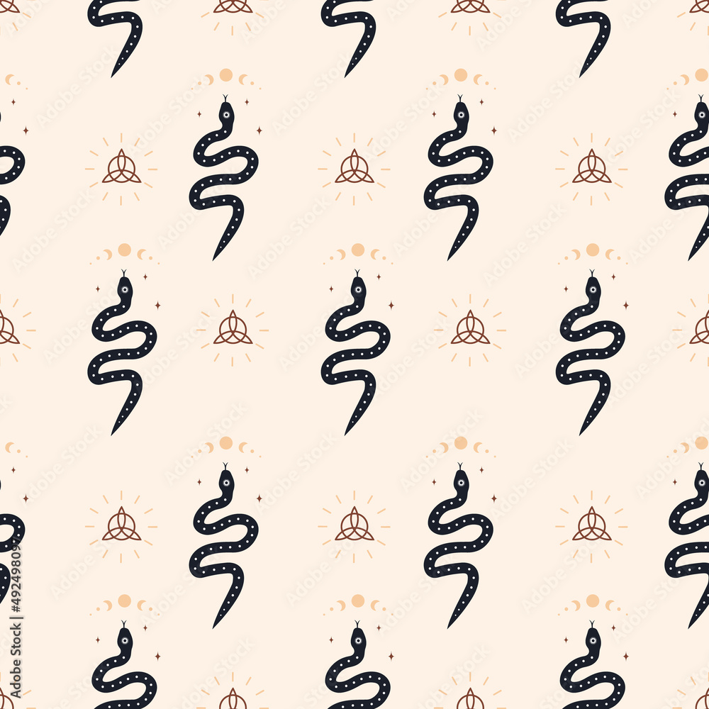 Wall mural seamless pattern with boho magic snake and moon. mystical symbol in a trendy minimalist style. esote