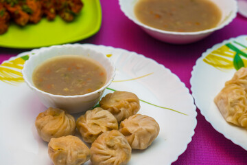 selective focus of variety types of momos.