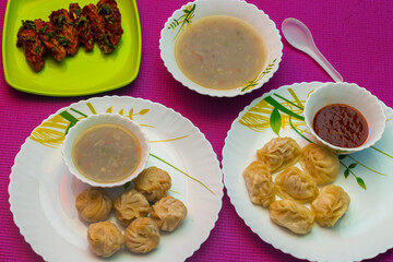 selective focus of variety types of momos.