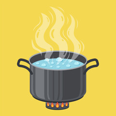Boiled water in the black pot. Vector illustration.