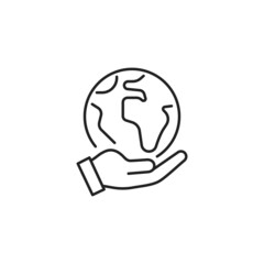 Hand holding globe or planet earth icon. High quality black vector illustration.