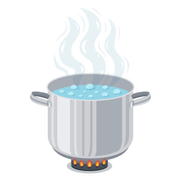Boiling water in steel pot. Cooking pan on stove with water and steam. Vector illustration.