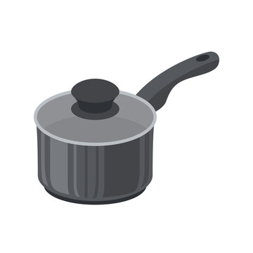 Deep black frying pan with lid. Vector illustration.