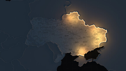 The political map of Ukraine, the war with Russia, the border of military operations. 3d illustration, minimalistic map with backlight.